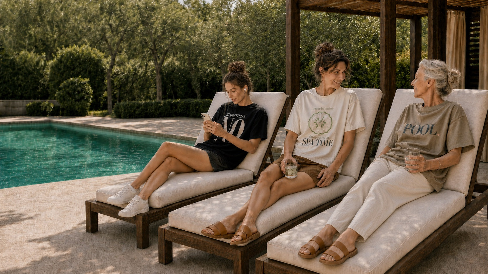 Three women wearing The Spa Snob T-shirts beside a pool