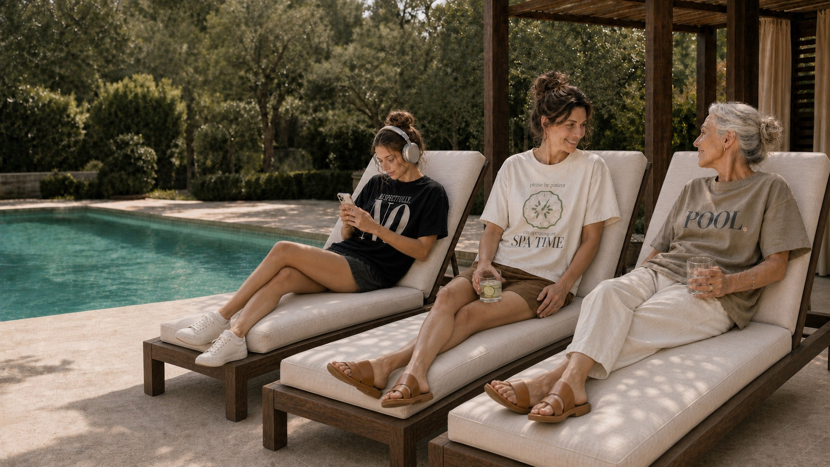 Three women wearing The Spa Snob T-shirts
